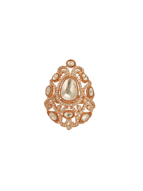 Gold Plated Kundan Moissanite Studded Filigree Luxe Tilak Shaped Cocktail Finger Ring