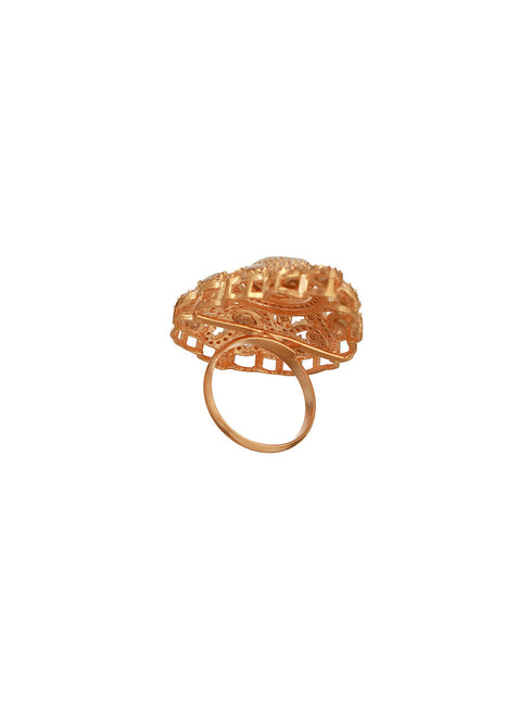 Gold Plated Kundan Moissanite Studded Filigree Luxe Tilak Shaped Cocktail Finger Ring