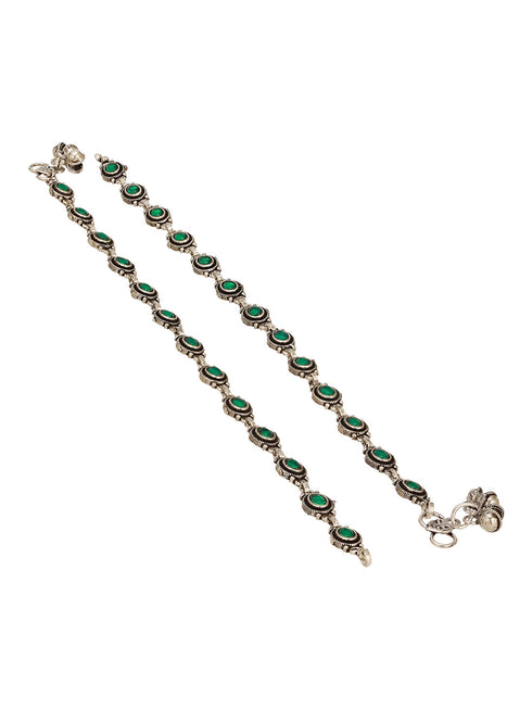 Set of 2 Silver Oxidised Emerald Green Stone Studded Oval Minimal Dailywear Anklet Payal