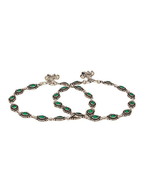 Set of 2 Silver Oxidised Emerald Green Stone Studded Oval Minimal Dailywear Anklet Payal