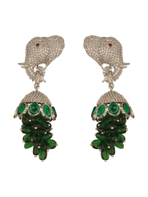 Silver Plated Green Emerald Green AD Zircon Studded Designer Elephant Motif Dangler Earrings