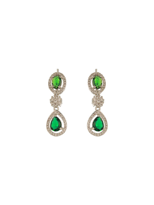 Silver Toned Emerald Green Zircon AD Studded Layered Bridesmaid Statement Jewellery Set