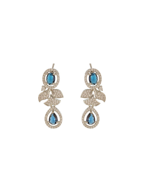 Silver Toned Sapphire Blue AD Studded Floral Delicate Statement Jewellery Set