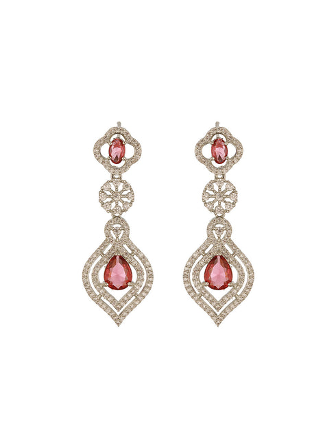 Silver Toned Ruby Red AD Studded Statement Bridal Layered Necklace Jewellery Set