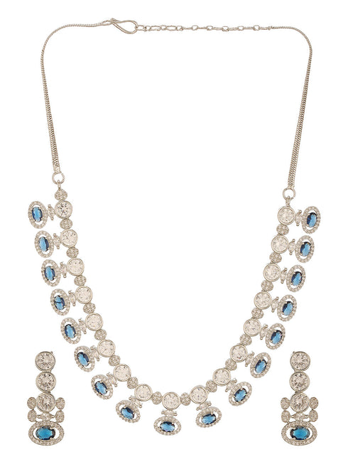 Silver Toned Sapphire Blue AD Studded Statement Delicate Necklace Jewellery Set