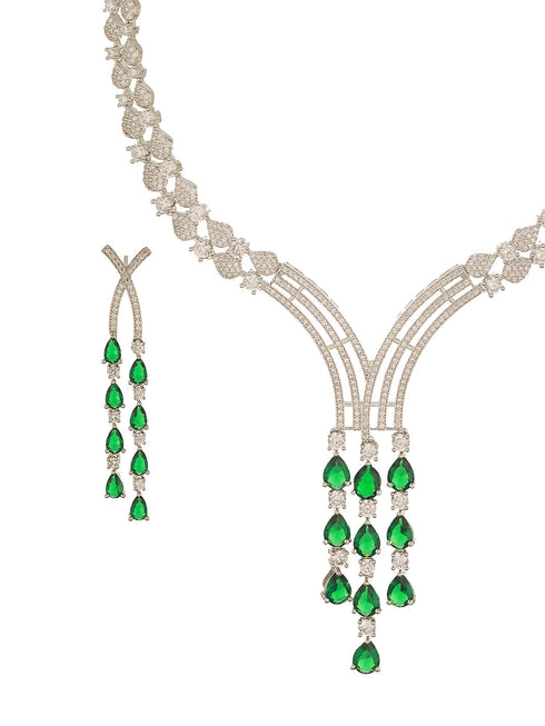 Silver Toned Emerald Green Zircon AD Studded Layered Bridal Drop Designer Statement Necklace Jewellery Set