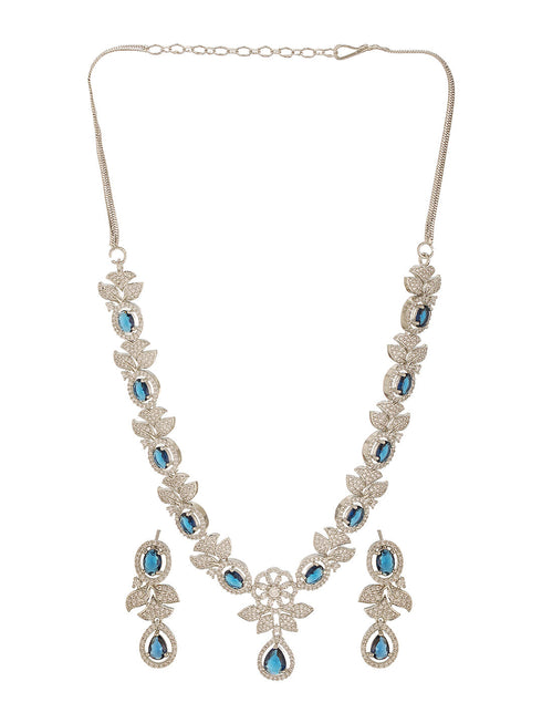 Silver Toned Sapphire Blue AD Studded Floral Delicate Statement Jewellery Set
