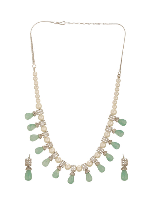 Zircon AD Studded Pearl & Mint Beads Beaded Designer Statement Jewellery Set