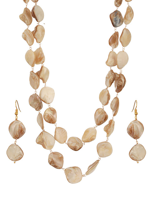 Beige Natural Stoned Beaded Embedded Double Layered Trendy Maala Necklace jewellery Set