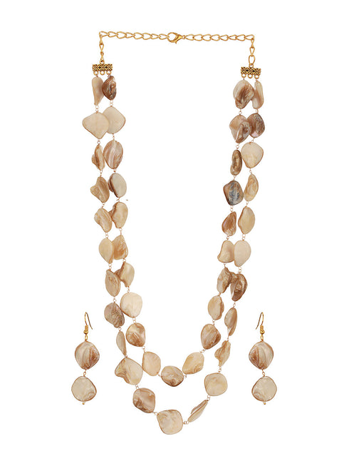 Beige Natural Stoned Beaded Embedded Double Layered Trendy Maala Necklace jewellery Set