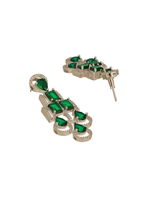 Silver Toned Emerald Green Zircon AD Studded Layered Drop Designer Statement Necklace Jewellery Set