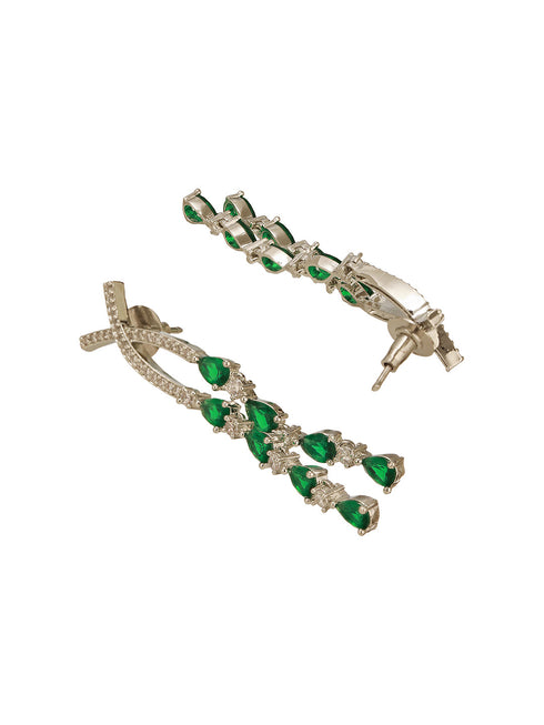 Silver Toned Emerald Green Zircon AD Studded Layered Bridal Drop Designer Statement Necklace Jewellery Set