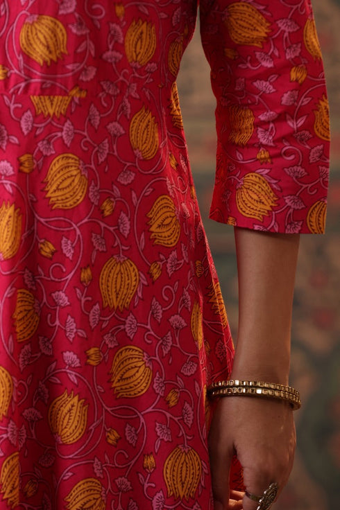 Women Fuchsia Floral Printed Sequinned Cotton Anarkali Kurta With Trousers & Dupatta