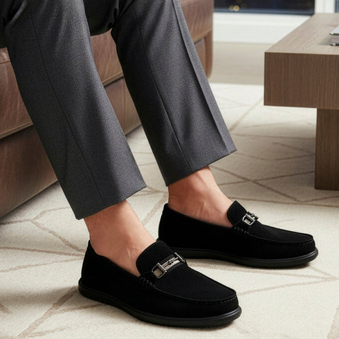 Men's Buckle Accent Driving Leather Loafer with Suede Finish