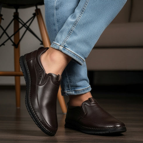 Men's Comfort Casual Slip-On Shoe with Leather Textured Elastic Detail