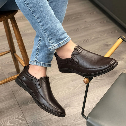 Men's Comfort Casual Slip-On Shoe with Leather Textured Elastic Detail