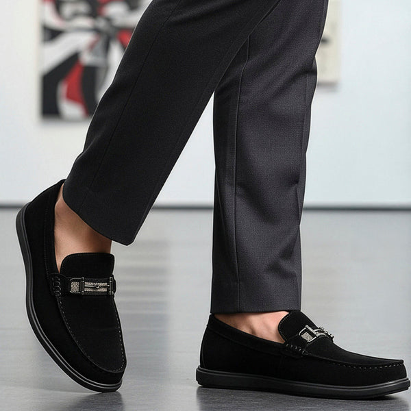 Men's Buckle Accent Driving Leather Loafer with Suede Finish