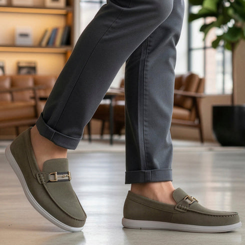 Men's Buckle Accent Driving Leather Loafer with Suede Finish