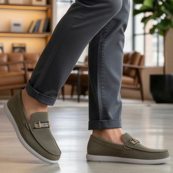 Men's Buckle Accent Driving Leather Loafer with Suede Finish