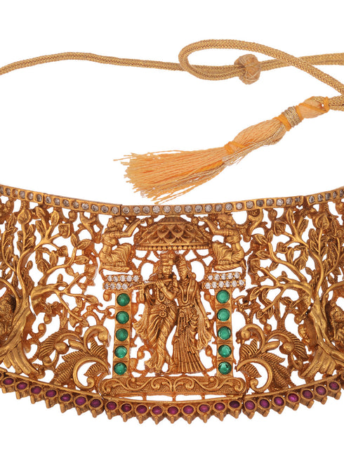 GoldPlated Green AD Studded Radha Krishna Temple Jewellery Set