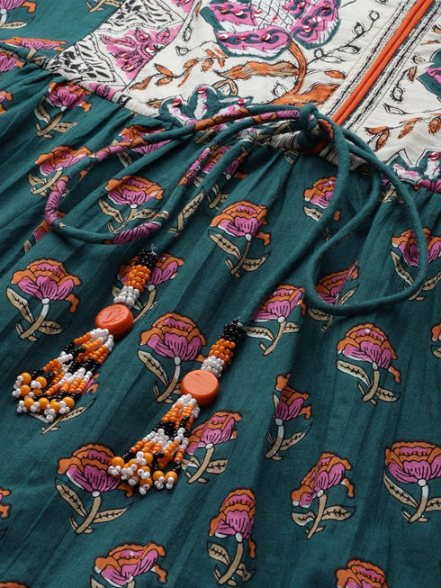 Women's Teal & Beige Floral Printed Anarkali Kurta