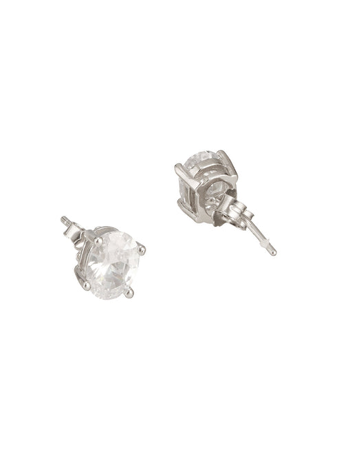 925 Sterling Silver 8 mm Zircon Studded Oval Solitaire Dailywear Studds Earrings