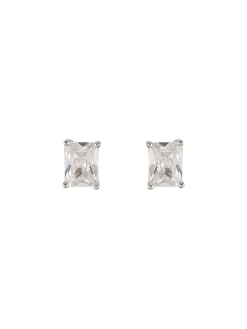 925 Sterling Silver 8 mm Zircon Studded Rectangular Solitaire Minimal Studds Earrings