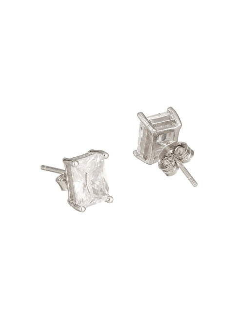 925 Sterling Silver 8 mm Zircon Studded Rectangular Solitaire Minimal Studds Earrings