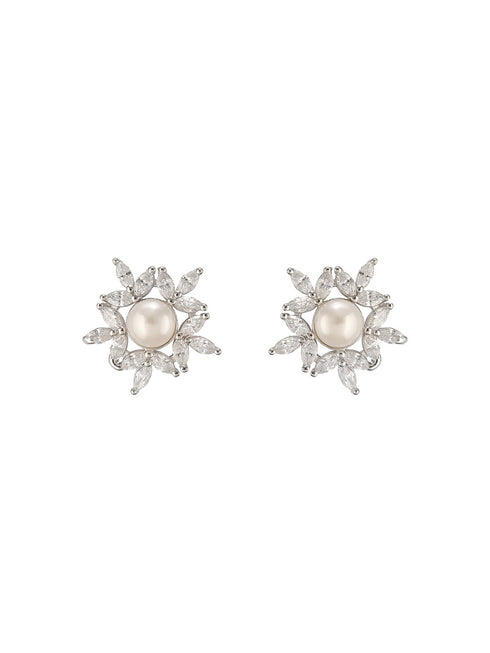 925 Sterling Silver Zircon & Pearl Embellished Minimal Floral Studds Earrings