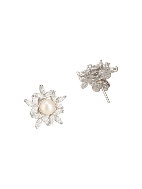925 Sterling Silver Zircon & Pearl Embellished Minimal Floral Studds Earrings
