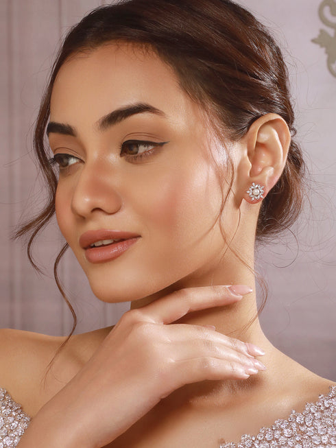 925 Sterling Silver Zircon & Pearl Embellished Minimal Floral Studds Earrings