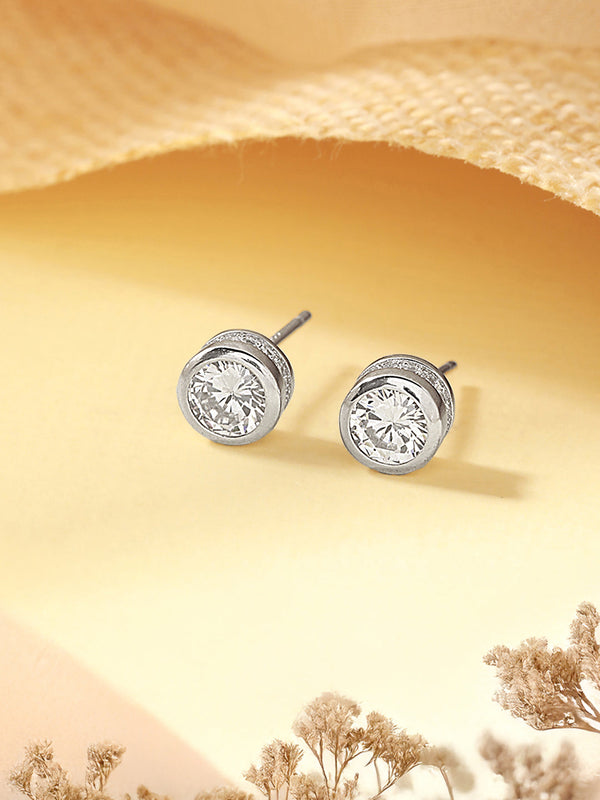 925 Sterling Silver Zircon Studded Halo Circle Solitaire Dailywear Studds Earrings