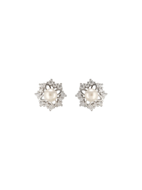 925 Sterling Silver Zircon Studded Faux Pearls Flower Studds Earrings