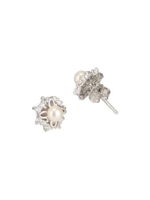 925 Sterling Silver Zircon Studded Faux Pearls Flower Studds Earrings