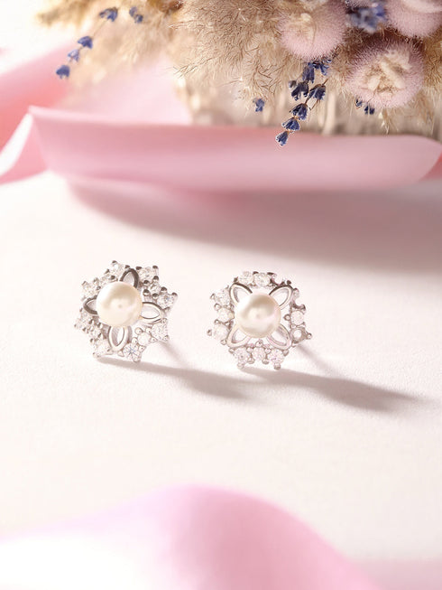 925 Sterling Silver Zircon Studded Faux Pearls Flower Studds Earrings