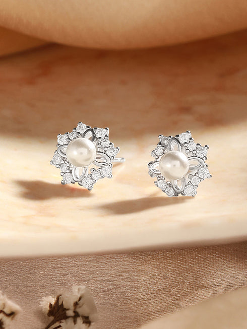 925 Sterling Silver Zircon Studded Faux Pearls Flower Studds Earrings
