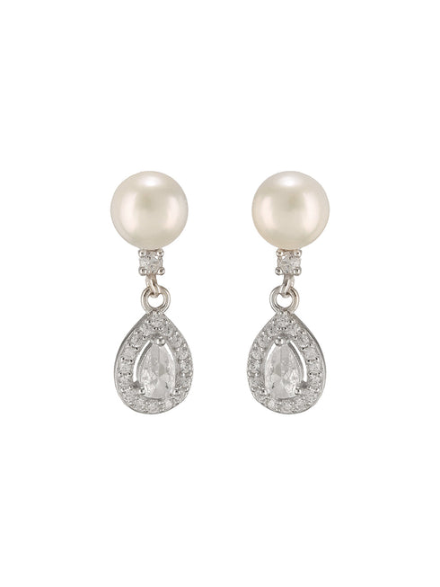 925 Sterling Silver Zircon & Pearl Embellished Drop Statement Earrings