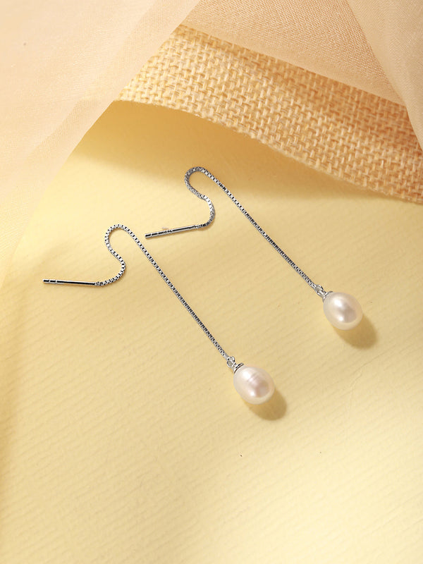 925 Sterling Silver Zircon Studded Freshwater Pearls Sui Dhaga Threader Dangle Earrings