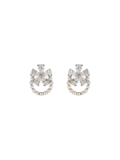 925 Sterling Silver Zircon & Pearl Embellished Floral Minimal Studds Earrings