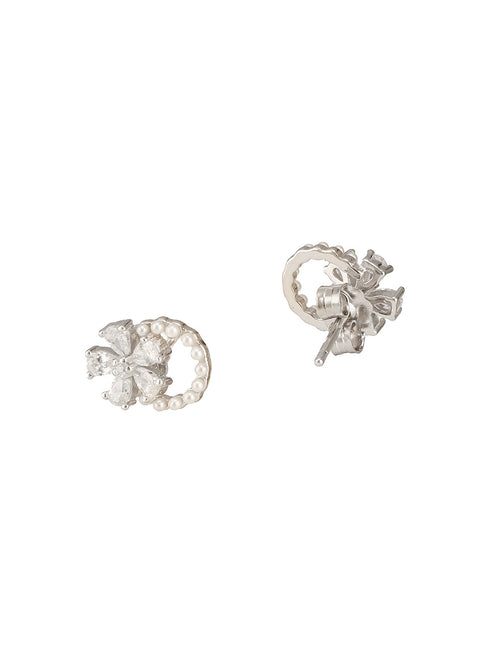 925 Sterling Silver Zircon & Pearl Embellished Floral Minimal Studds Earrings