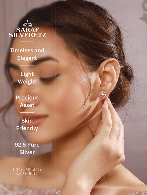 925 Sterling Silver Zircon & Pearl Embellished Floral Minimal Studds Earrings