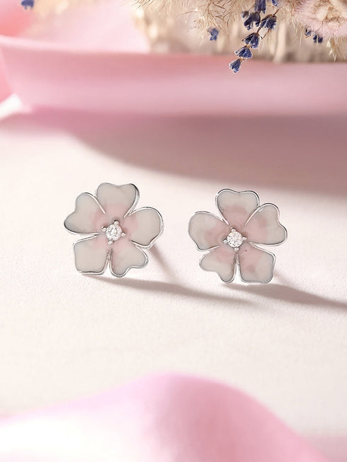 925 Sterling Silver Enamelled Bloom Flower Shaped Studds Earrings