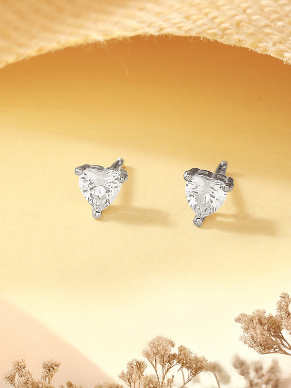 925 Sterling Silver 4 mm Stones Zircon Studded Solitaire Heart Studds Minimal Earrings