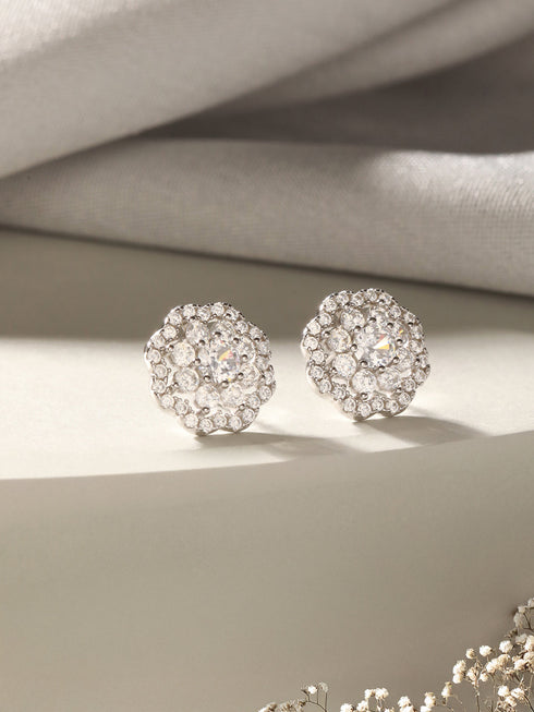 925 Sterling Silver Zircon Studded Floral Studds Earrings