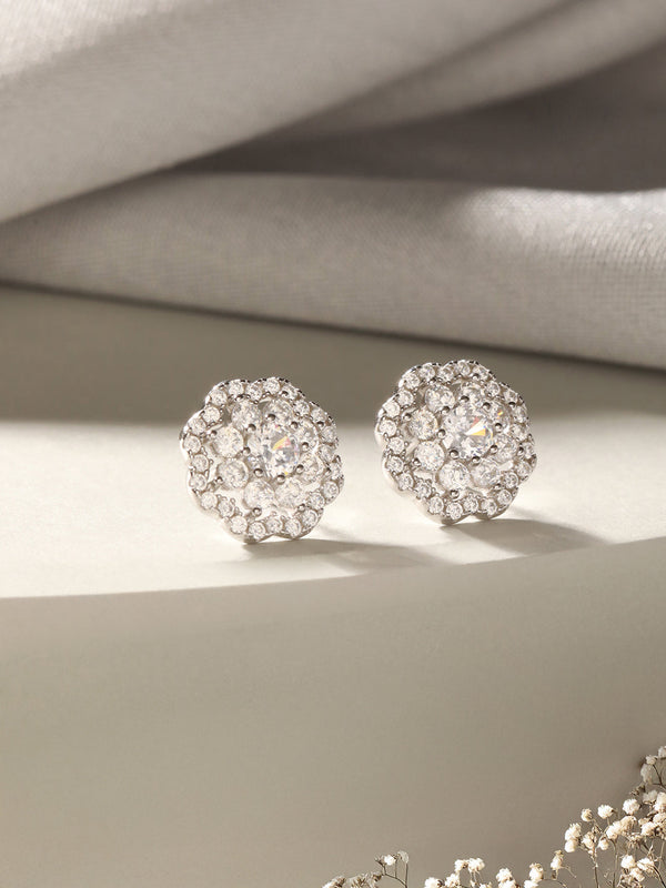 925 Sterling Silver Zircon Studded Floral Studds Earrings
