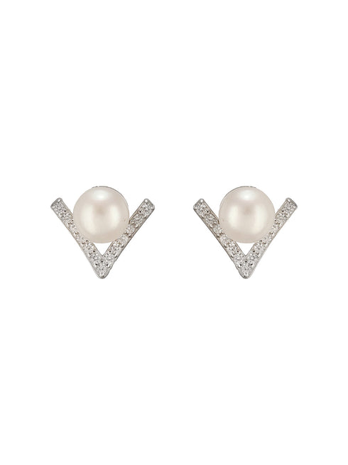 925 Sterling Silver Zircon & Faux Pearl V - Shaped Minimal Studds Earrings