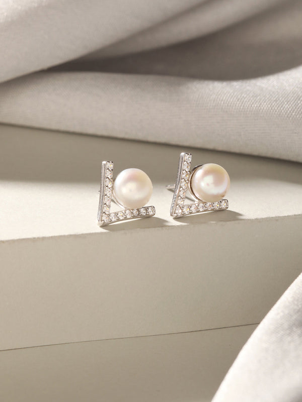 925 Sterling Silver Zircon & Faux Pearl V - Shaped Minimal Studds Earrings
