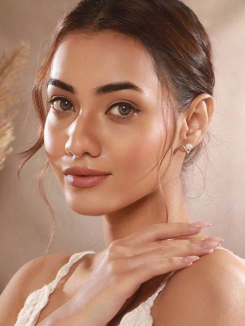 925 Sterling Silver Zircon & Faux Pearl V - Shaped Minimal Studds Earrings