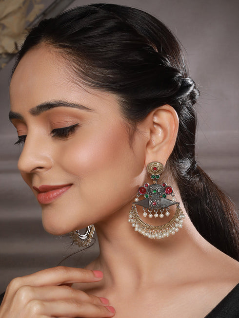 Dual Toned Red Stones Studded & Pearl Beaded Handcrafted Designer Light Weight Chandbali Dangler earrings