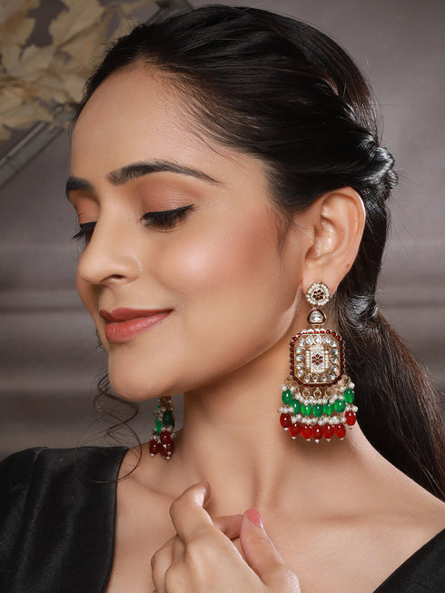Gold Toned Red Kundan & Green Pearl Beaded Geometric Designer Dangler Chandbali earrings